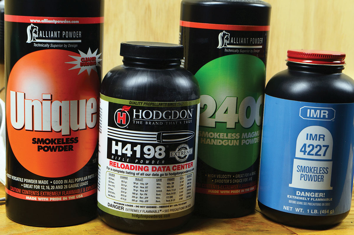 Four good powders for loading the 256 Win Mag. At the time of writing, neither Unique nor 2400 could be found anywhere, but one (fervently) hopes they will return at some point.